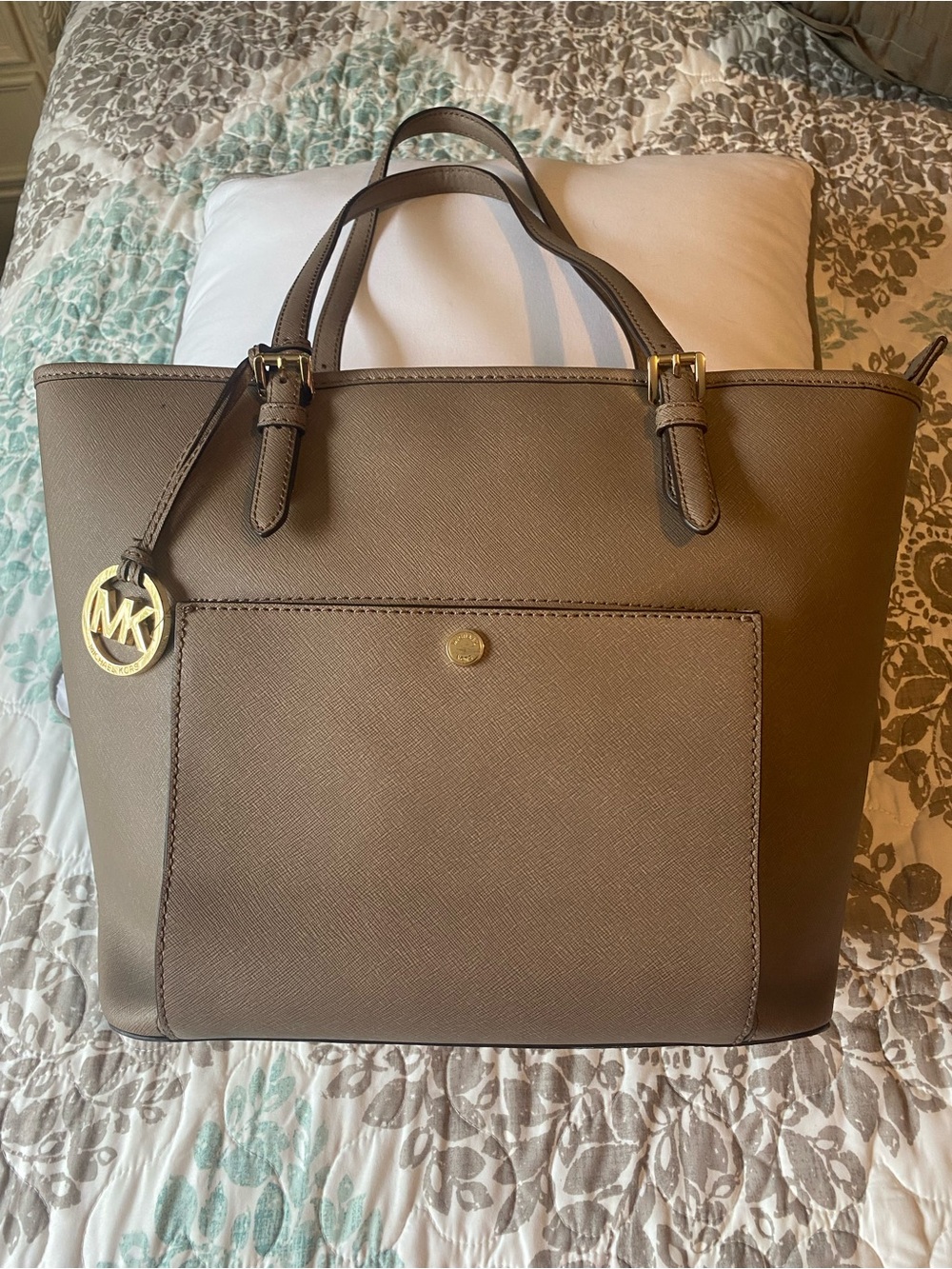 Michael Kors Brown Saffiano Leather Tote with Gold MK Charm